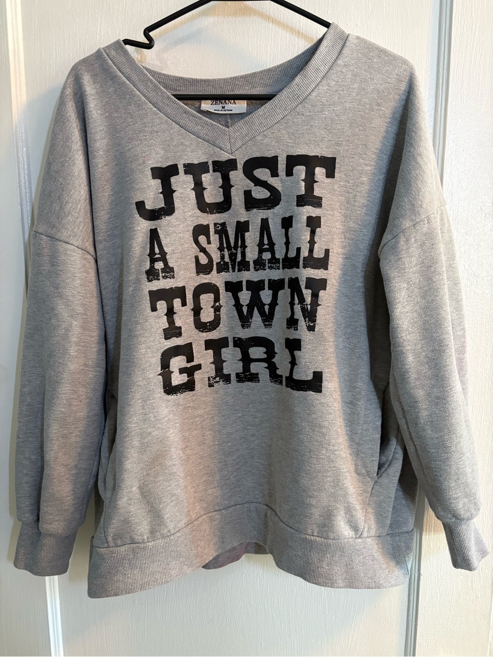 Zenana Outfitters Light Grey V-Neck 'Just A Small Town Girl' Graphic Sweater